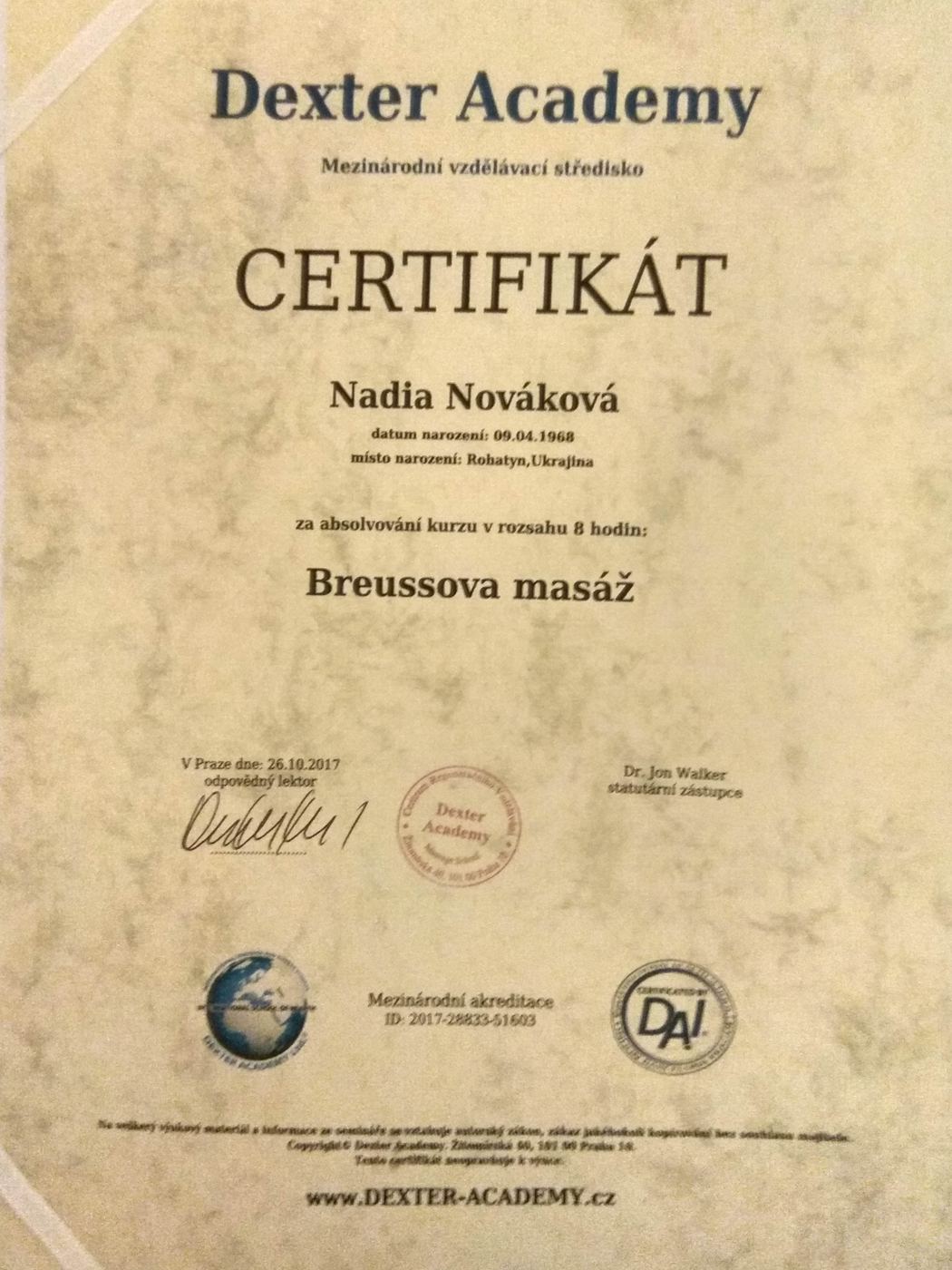 Certifikát Breussova masáž, Dexter Academy