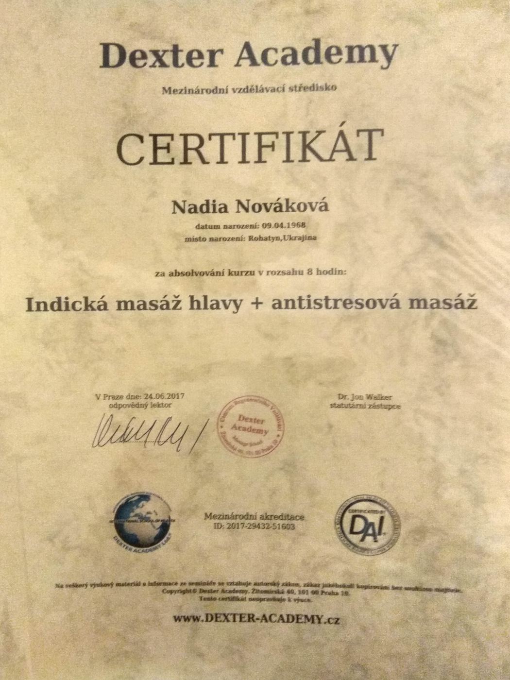 Certifikát Indická masáž hlavy a antistresová masáž, Dexter Academy