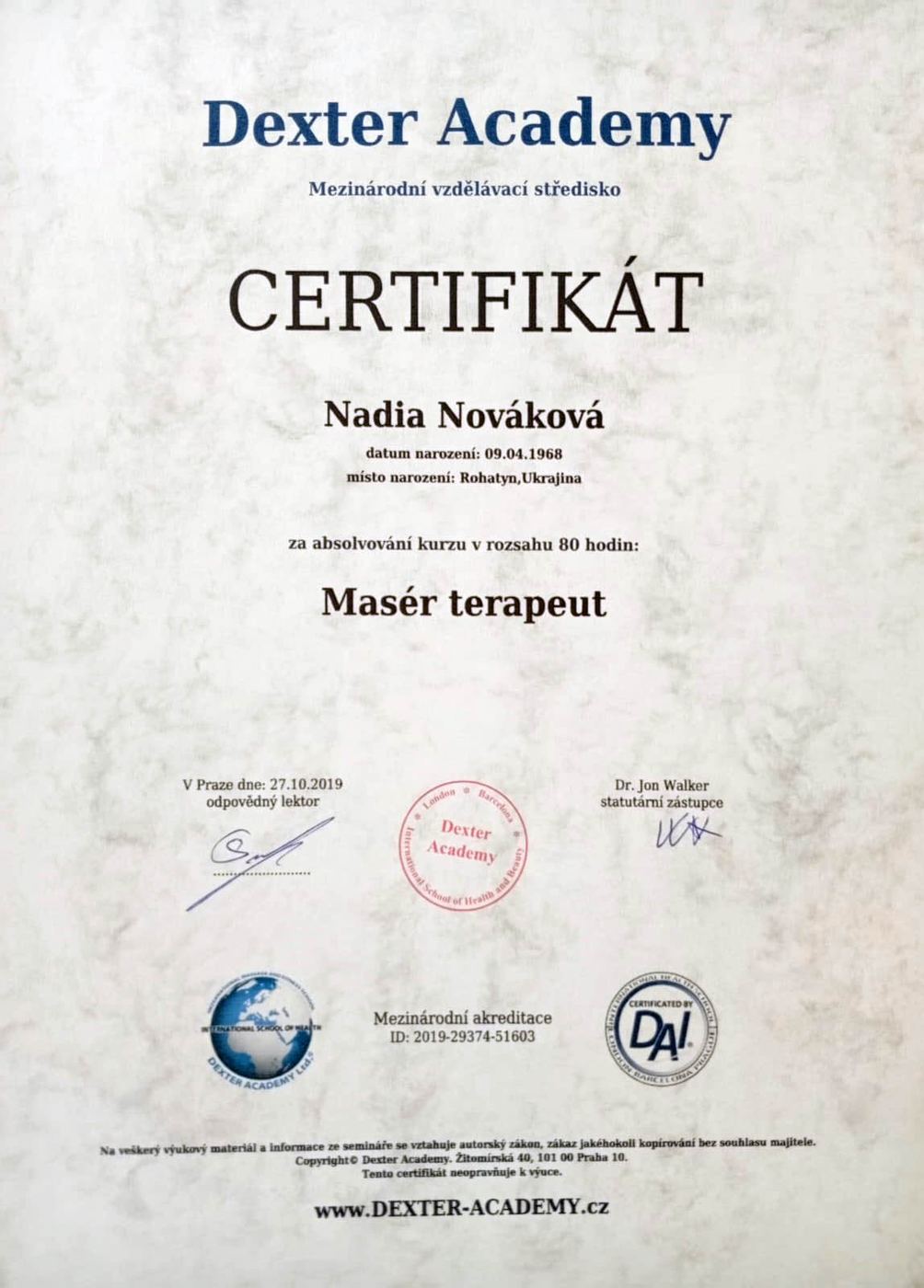 Certifikát Masér terapeut, Dexter Academy