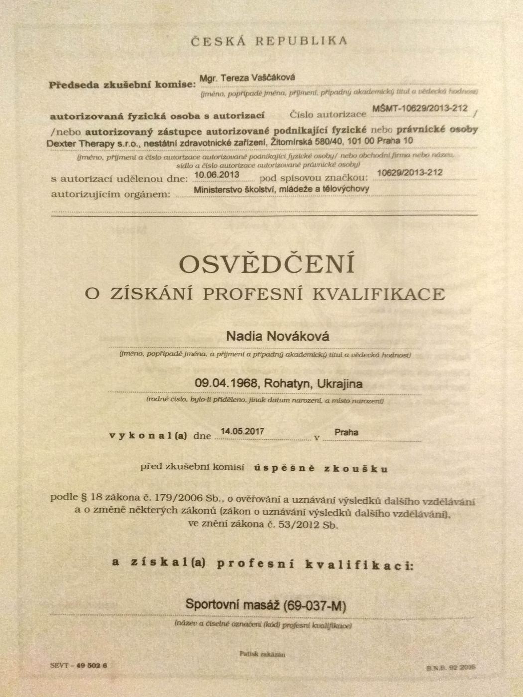 Osvědčení o získání profesní kvalifikace Sportovní masáž