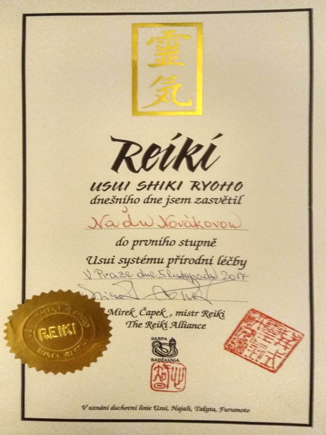Certifikát Reiki Usui Shiki Ryoho, první stupeň