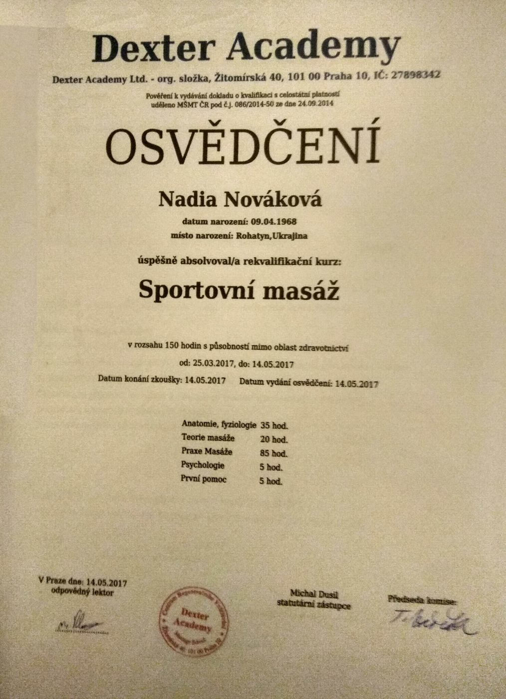 Osvědčení Sportovní masáž, Dexter Academy