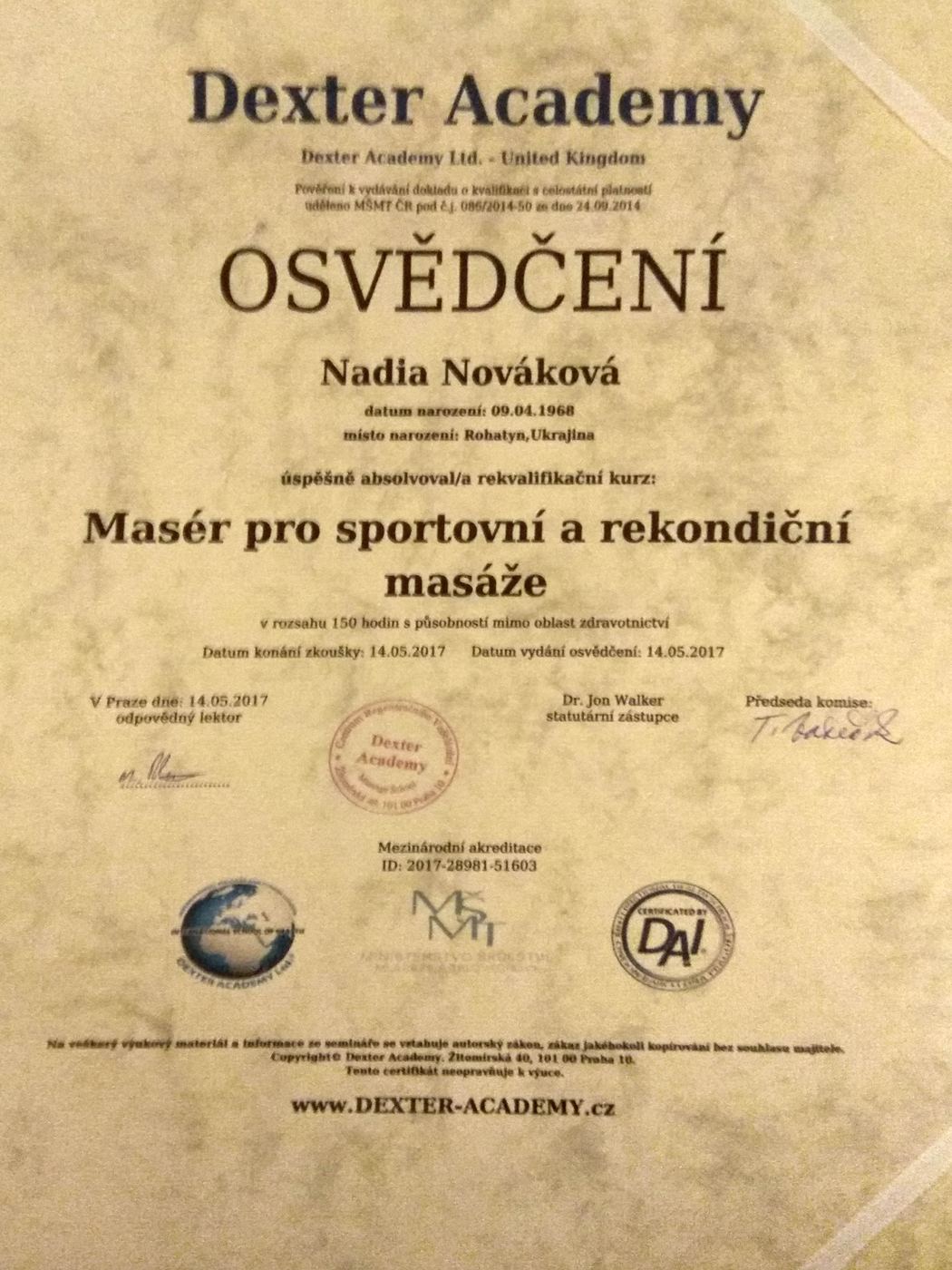 Osvědčení Masér pro sportovní a rekondiční masáže, Dexter Academy