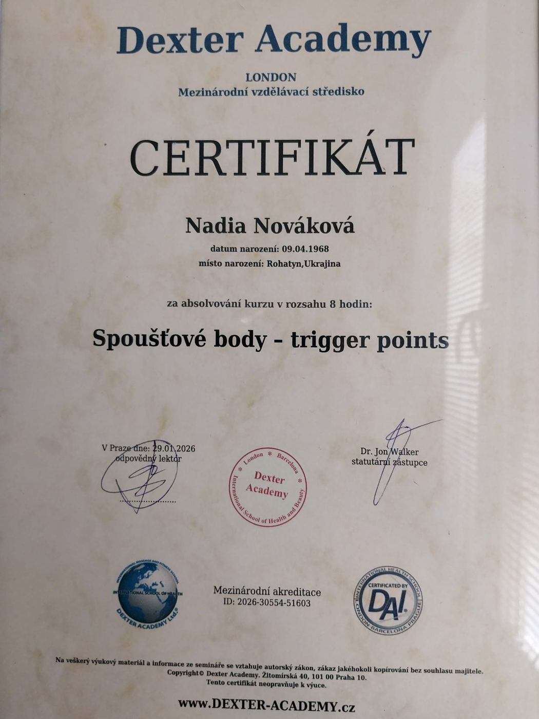 Certifikát Spoušťové body – trigger points, Dexter Academy